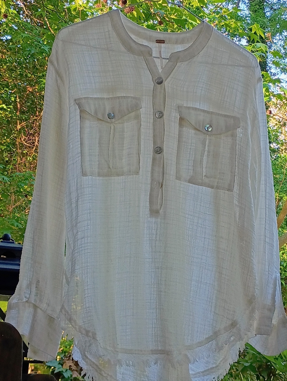 Free People Talk to Me Lightweight Gauzy Button Down in Ivory XS Fringe Hem